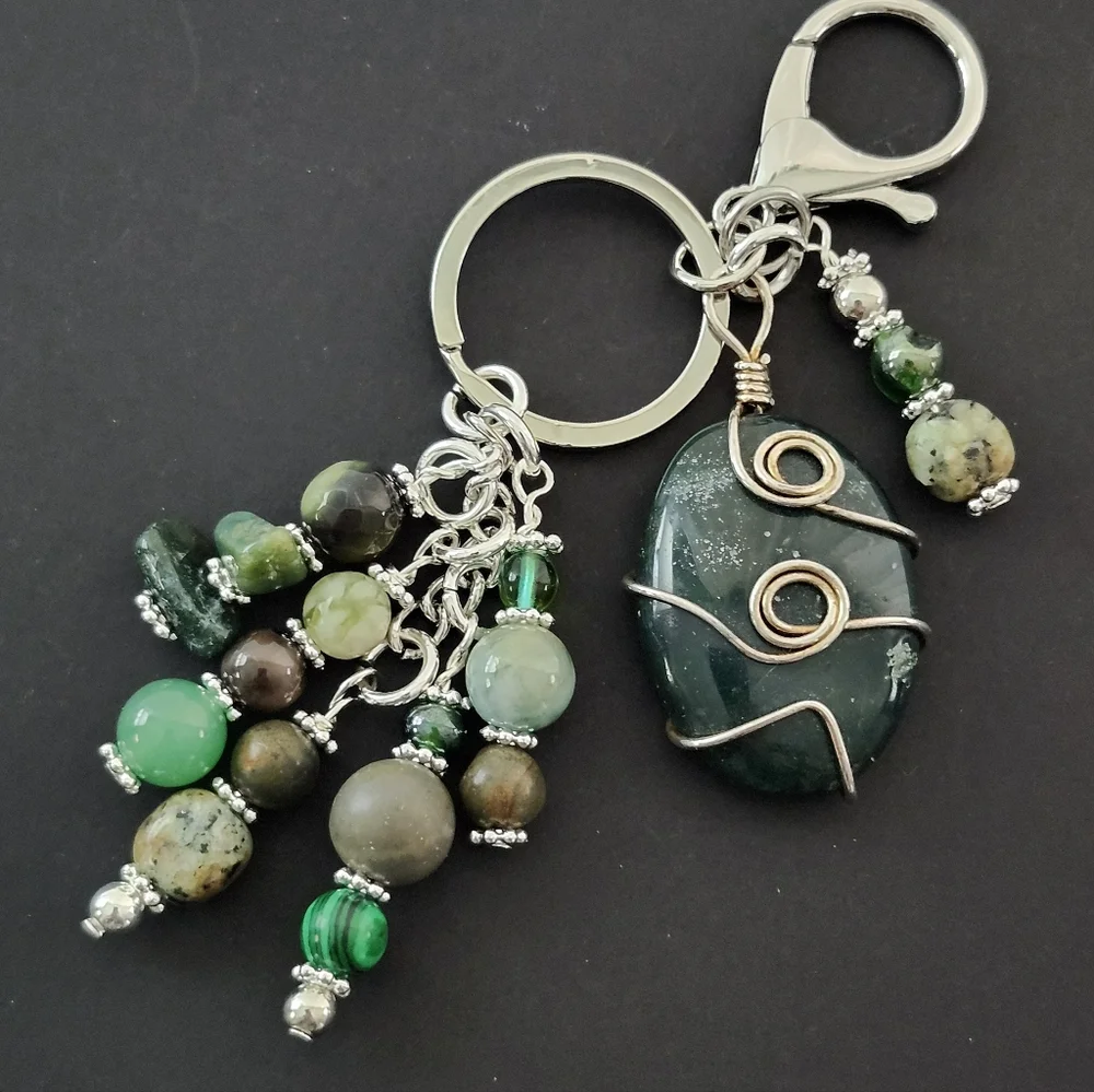 Agate Purse Charm or Keychain Aventurine Jasper Stone Handcrafted